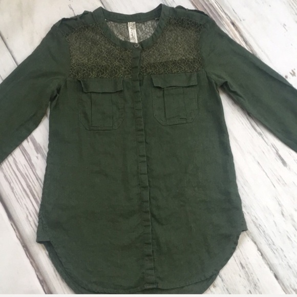 Free People Top Shirt Linen Blouse Green Linen XS - Picture 3 of 8